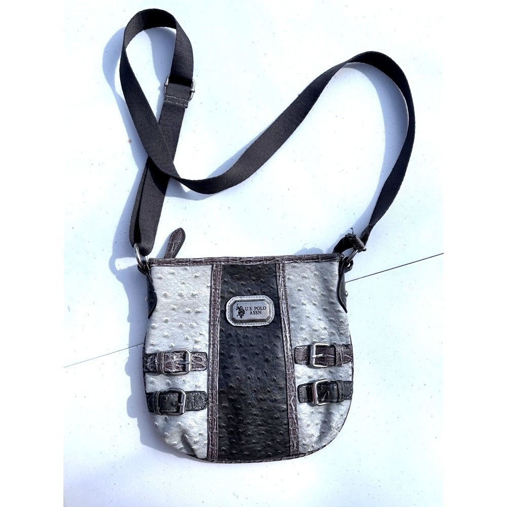 Crossbody Bag Womens Small Grey Black Ostrich Croc  Buckle Detail